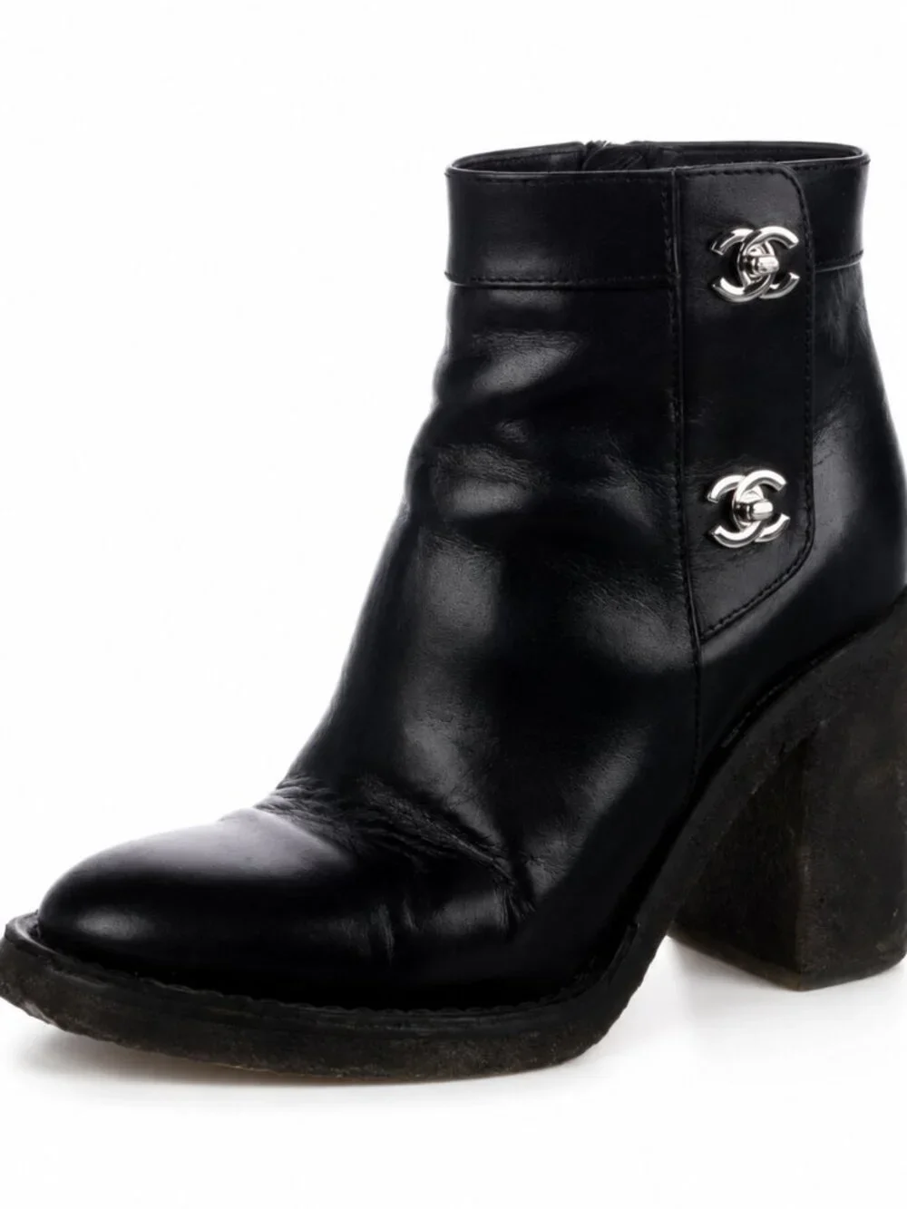 Chanel CC Turnlock 2015 Ankle Boot Size 6 Black Leather Moto Biker Bootie